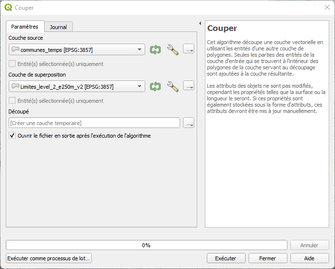 Configuration du géotraitement "couper"