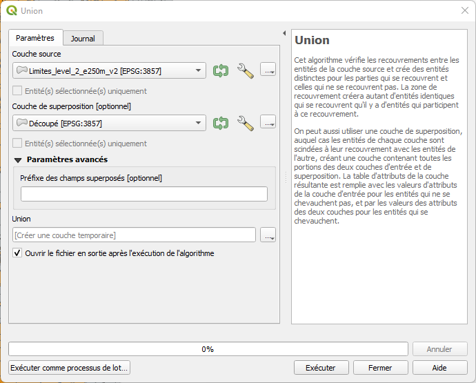 Configuration du géotraitement "union"