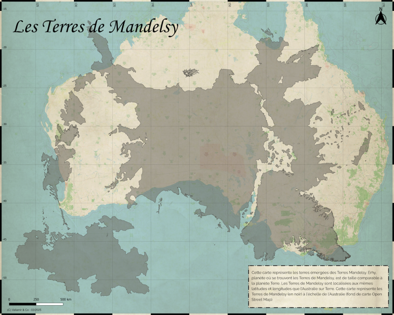 Cette carte représente les terres émergées des Terres Mandelsy. Erhy, planète où se trouvent les Terres de Mandelsy, est de taille comparable à la planète Terre. Les Terres de Mandelsy sont localisées aux mêmes latitudes et longitudes que l'Australie sur Terre. Cette carte représente les Terres de Mandelsy (en noir) à l'échelle de l'Australie (fond de carte Open Street Map).